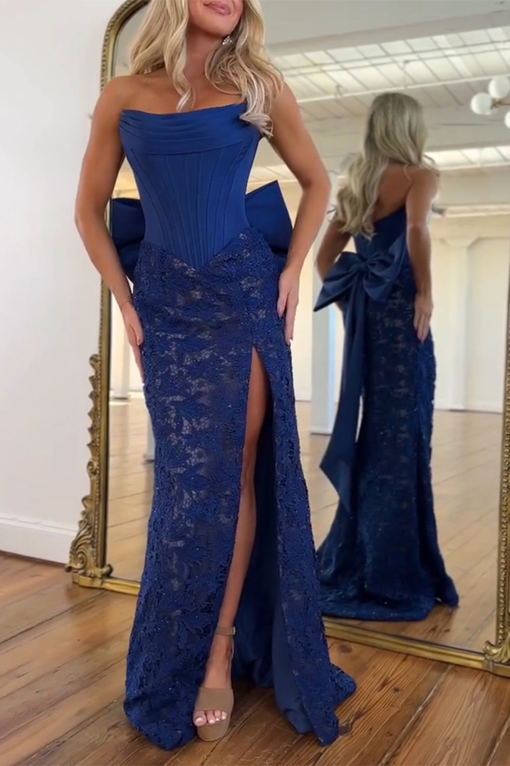 Strapless Sleeveless Lace Bow Mermaid Prom Dress High Slit Floor Length
