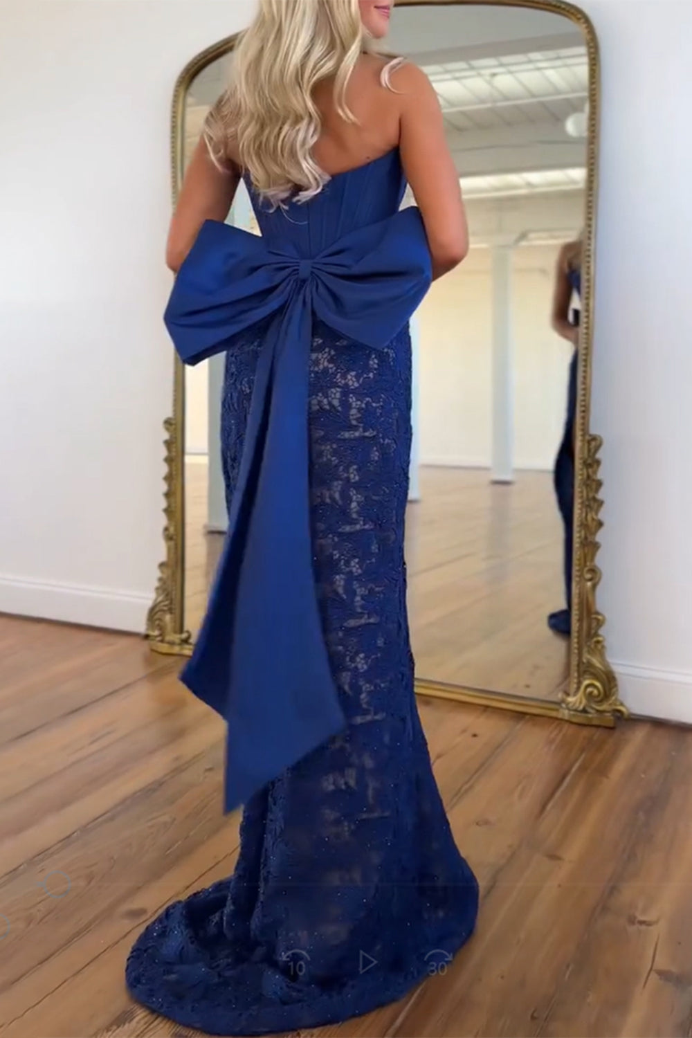 Strapless Sleeveless Lace Bow Mermaid Prom Dress High Slit Floor Length