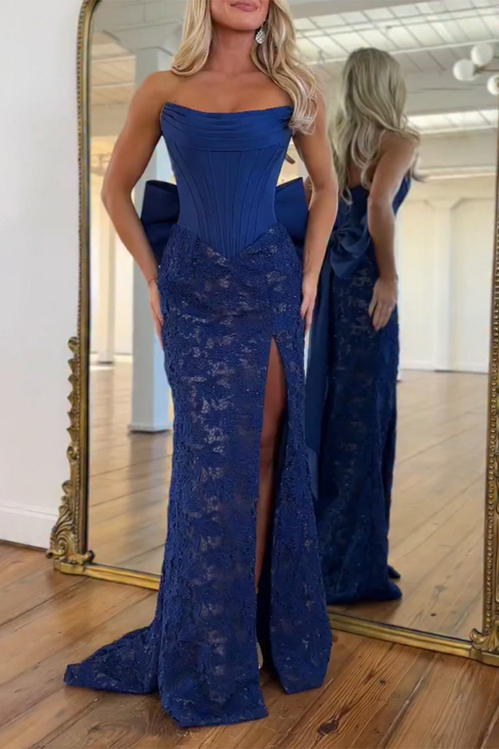 Strapless Sleeveless Lace Bow Mermaid Prom Dress High Slit Floor Length