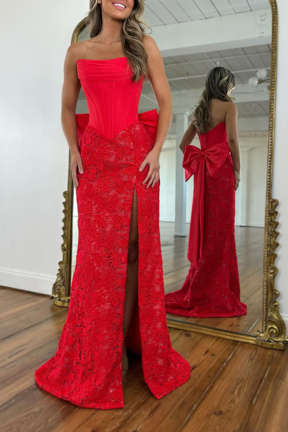 Strapless Sleeveless Lace Bow Mermaid Prom Dress High Slit Floor Length