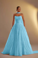 Strapless Sleeveless Long A Line Formal Dress With Pleated Beading