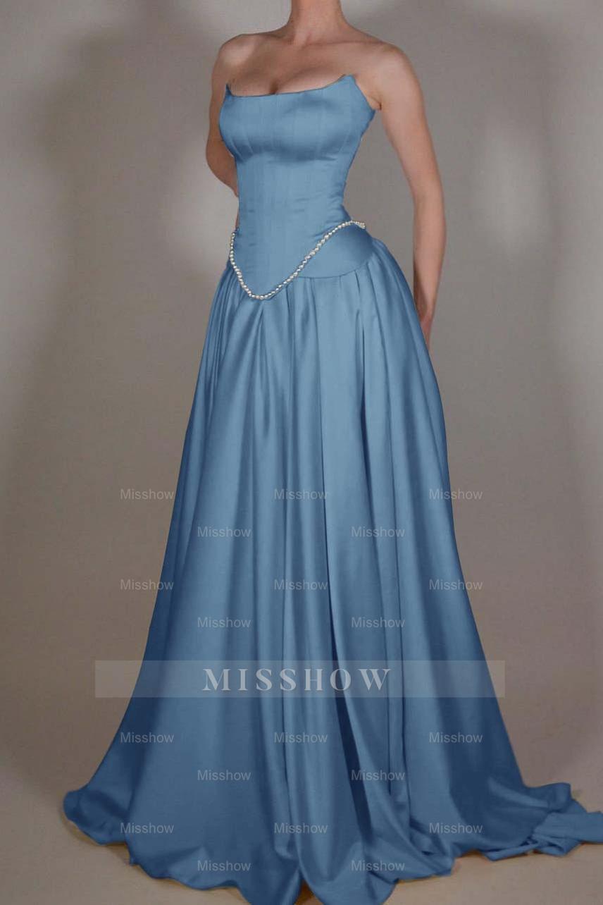 Strapless Sleeveless Long A Line Formal Dress With Pleated Beading