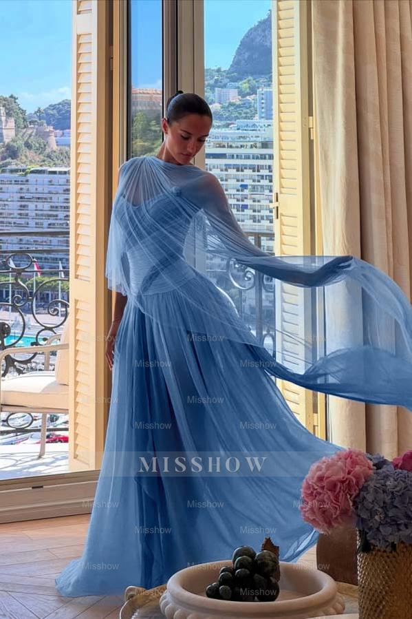 pleated tulle formal dress Tube Top Off-Shoulder Sleeveless Beaded Applique Pleated Tulle Tiered A-Line Prom Dress with Slit