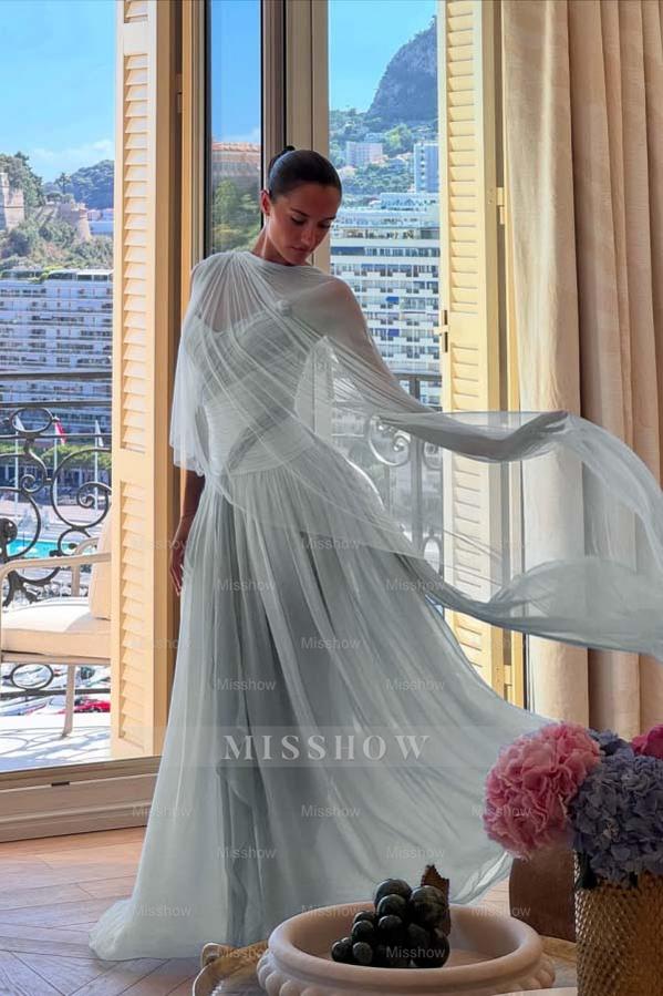 Strapless Sleeveless Long A Line Formal Dress With Pleated Tulle