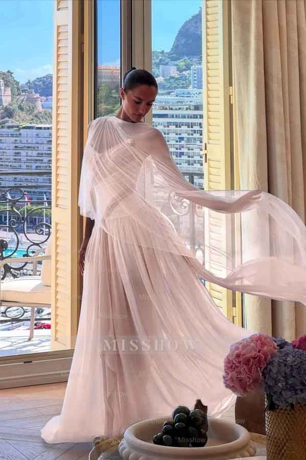 Strapless Sleeveless Long A Line Formal Dress With Pleated Tulle