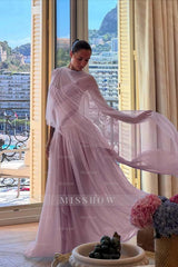 Strapless Sleeveless Long A Line Formal Dress With Pleated Tulle