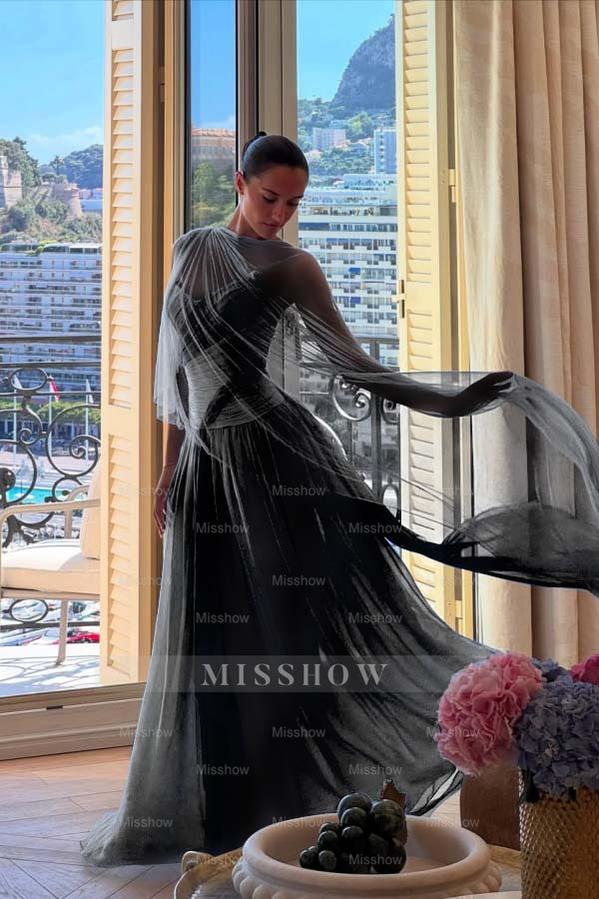 Strapless Sleeveless Long A Line Formal Dress With Pleated Tulle