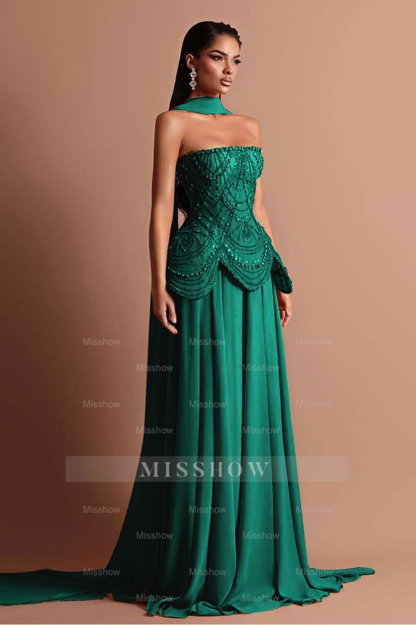 Strapless Sleeveless Long Formal Dress With Beading Pleated Wrap