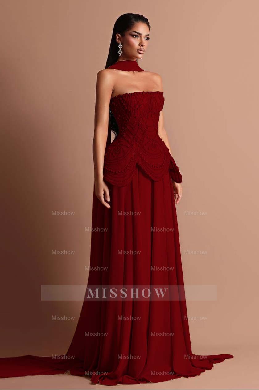 Strapless Sleeveless Long Formal Dress With Beading Pleated Wrap