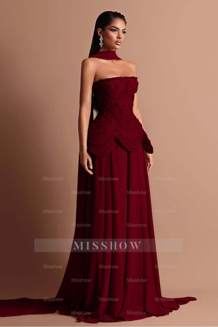 Strapless Sleeveless Long Formal Dress With Beading Pleated Wrap