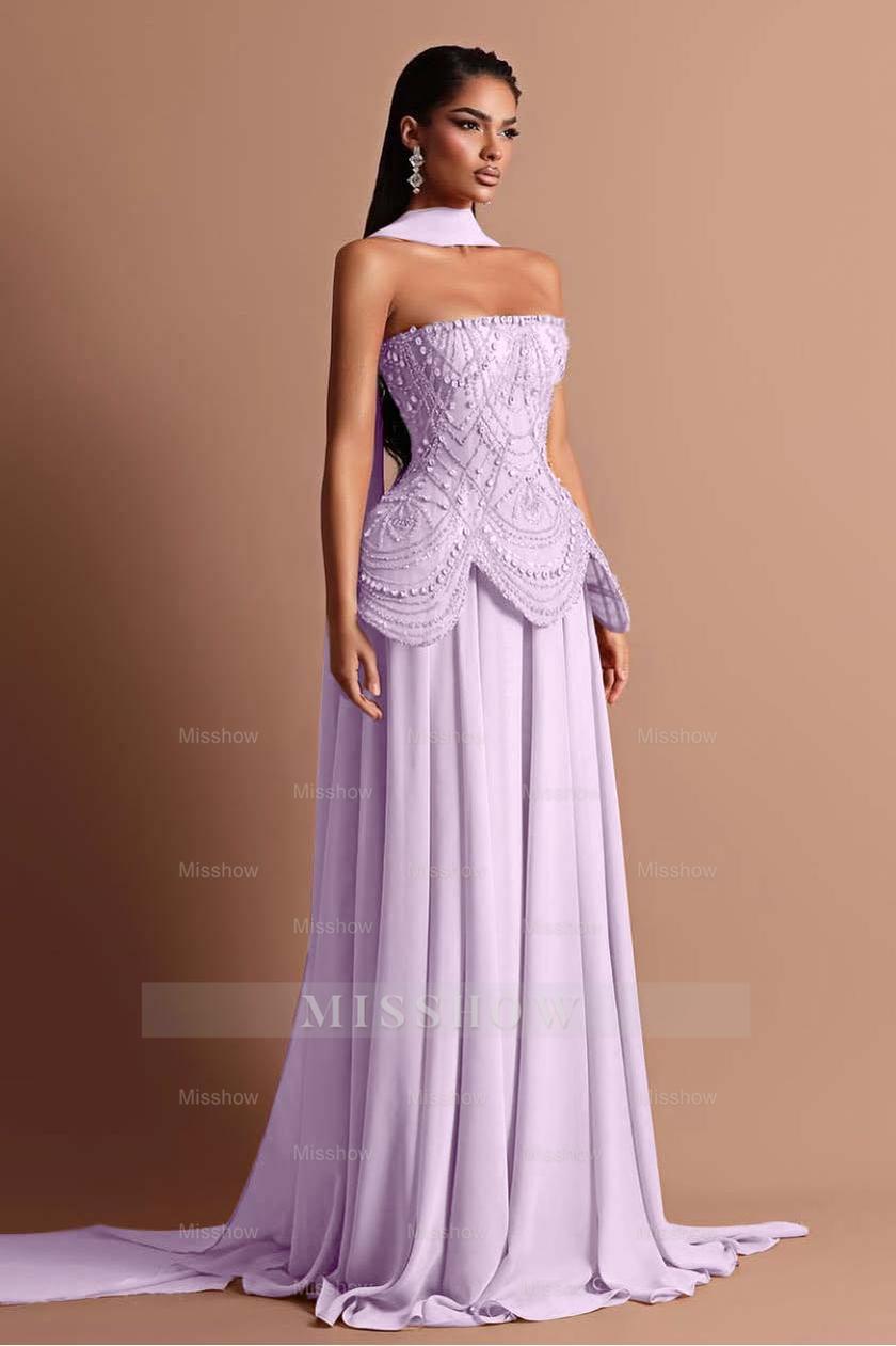 Strapless Sleeveless Long Formal Dress With Beading Pleated Wrap