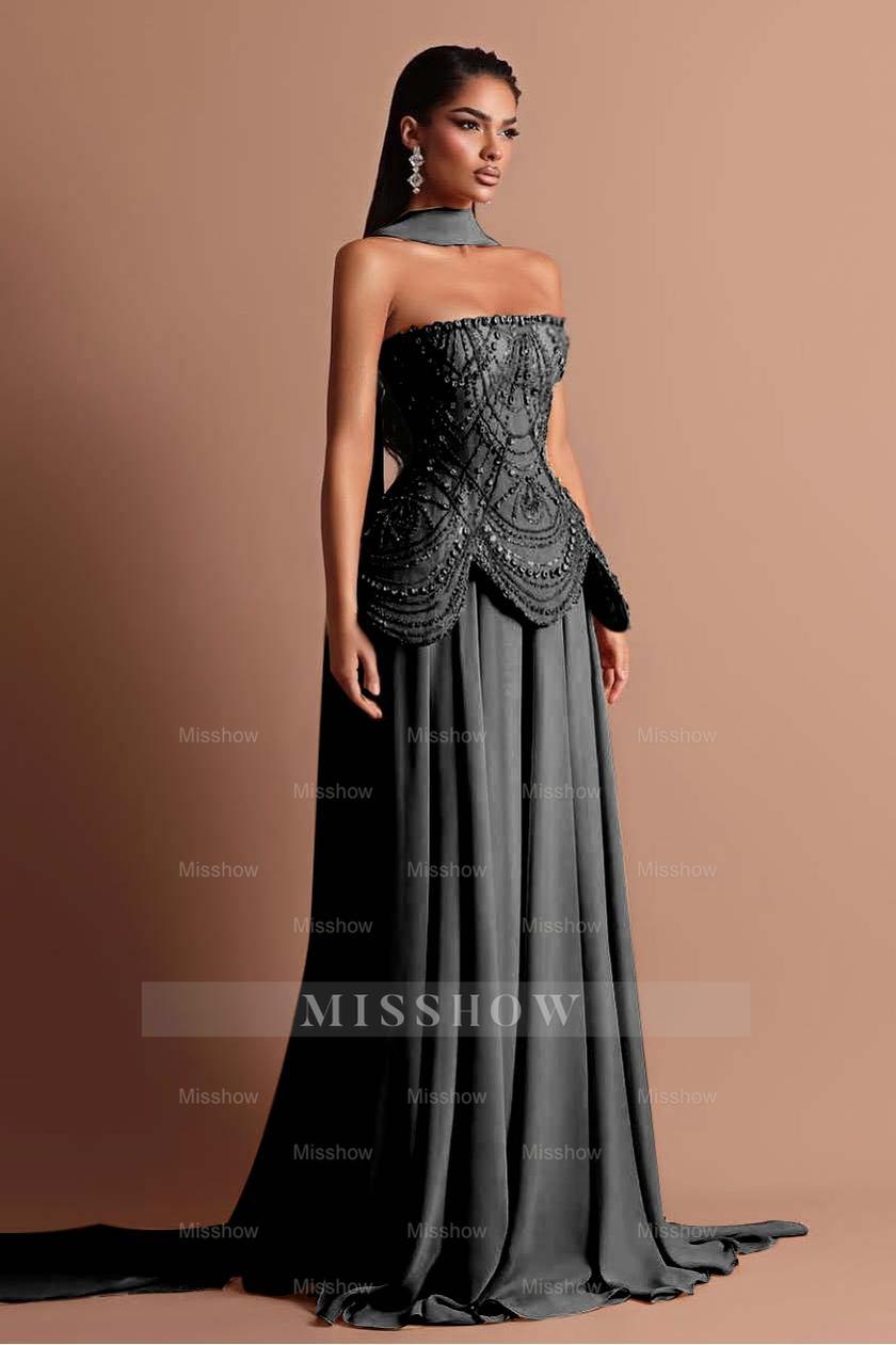 Strapless Sleeveless Long Formal Dress With Beading Pleated Wrap