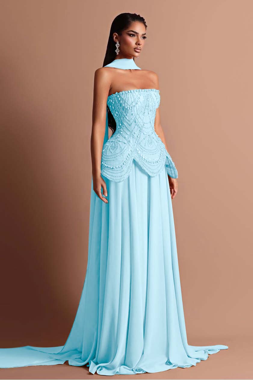 Strapless Sleeveless Long Formal Dress With Beading Pleated Wrap