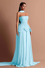 Strapless Sleeveless Long Formal Dress With Beading Pleated Wrap