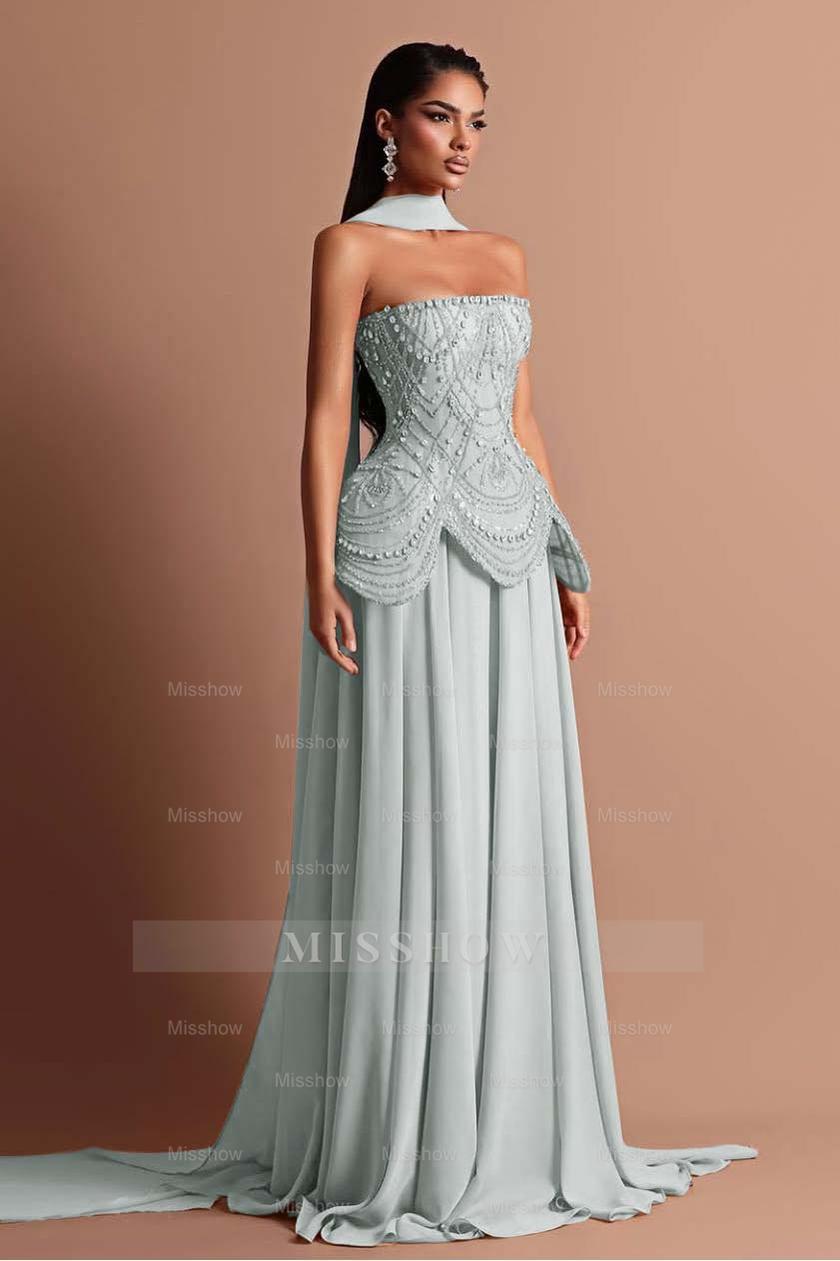 Strapless Sleeveless Long Formal Dress With Beading Pleated Wrap