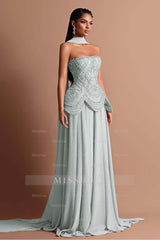 Strapless Sleeveless Long Formal Dress With Beading Pleated Wrap