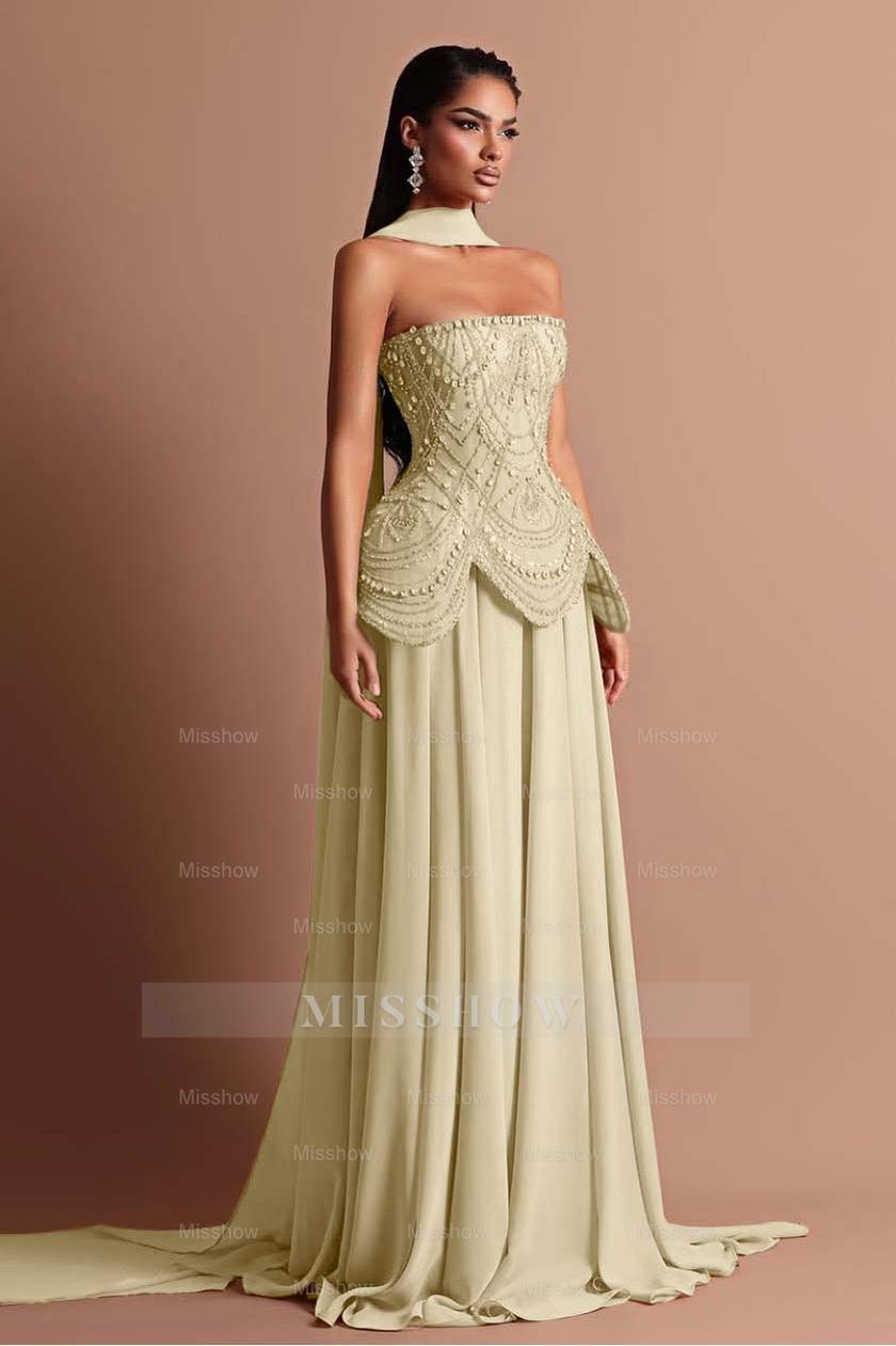 Strapless Sleeveless Long Formal Dress With Beading Pleated Wrap