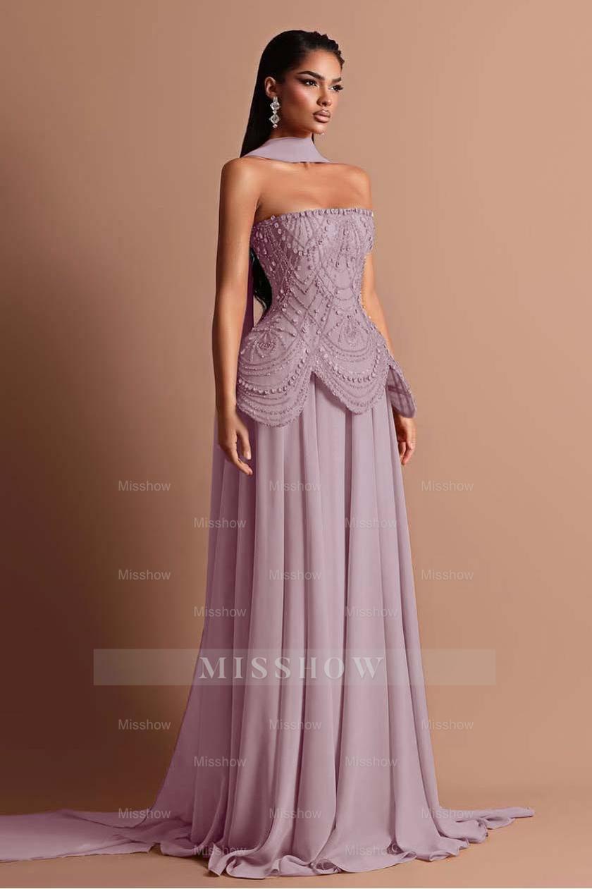 Strapless Sleeveless Long Formal Dress With Beading Pleated Wrap