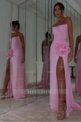 Strapless Sleeveless Long Formal Dress With High Split Pleaded