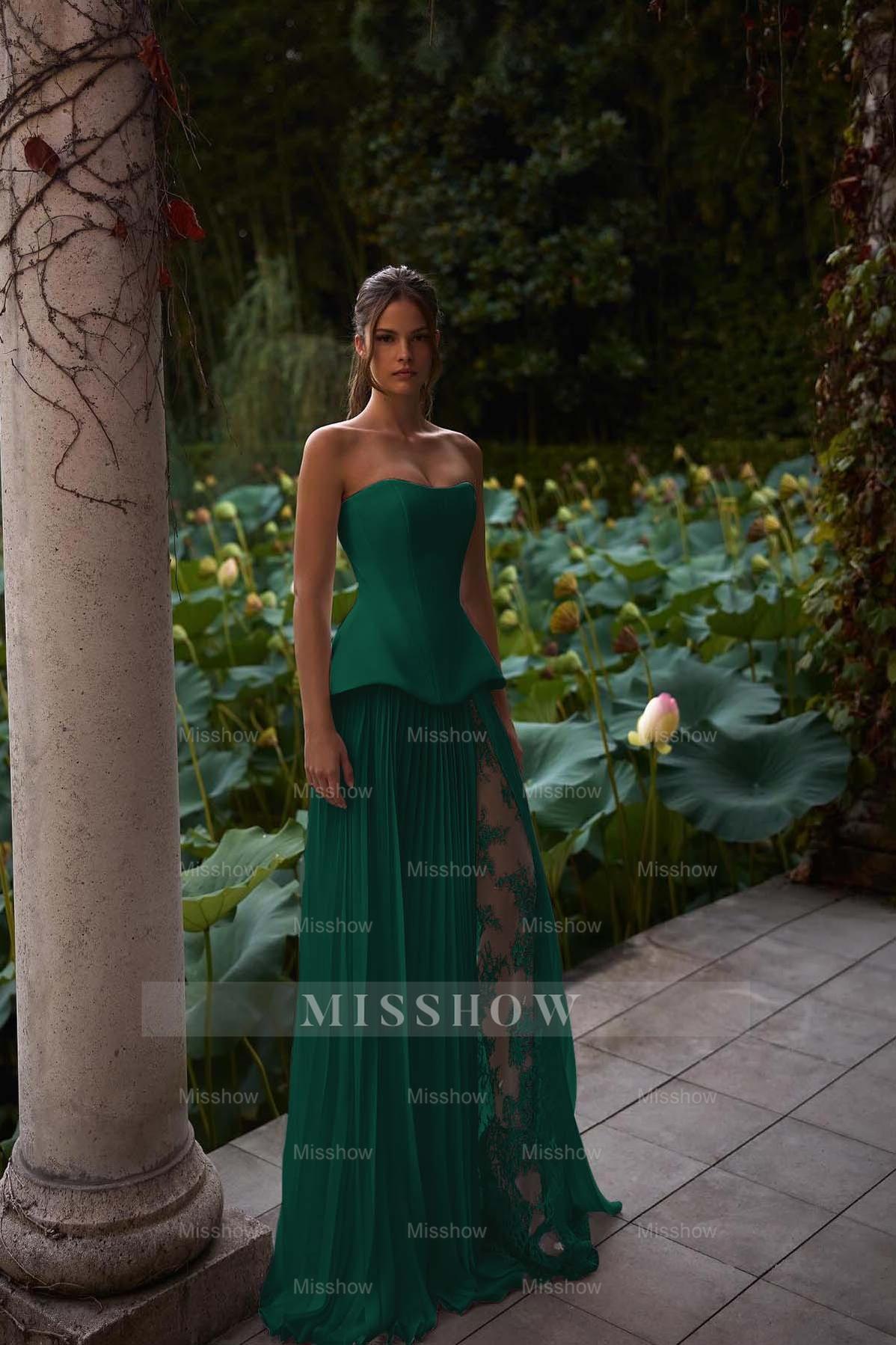 Strapless Sleeveless Long Formal Dress With Pleated Split Appliques