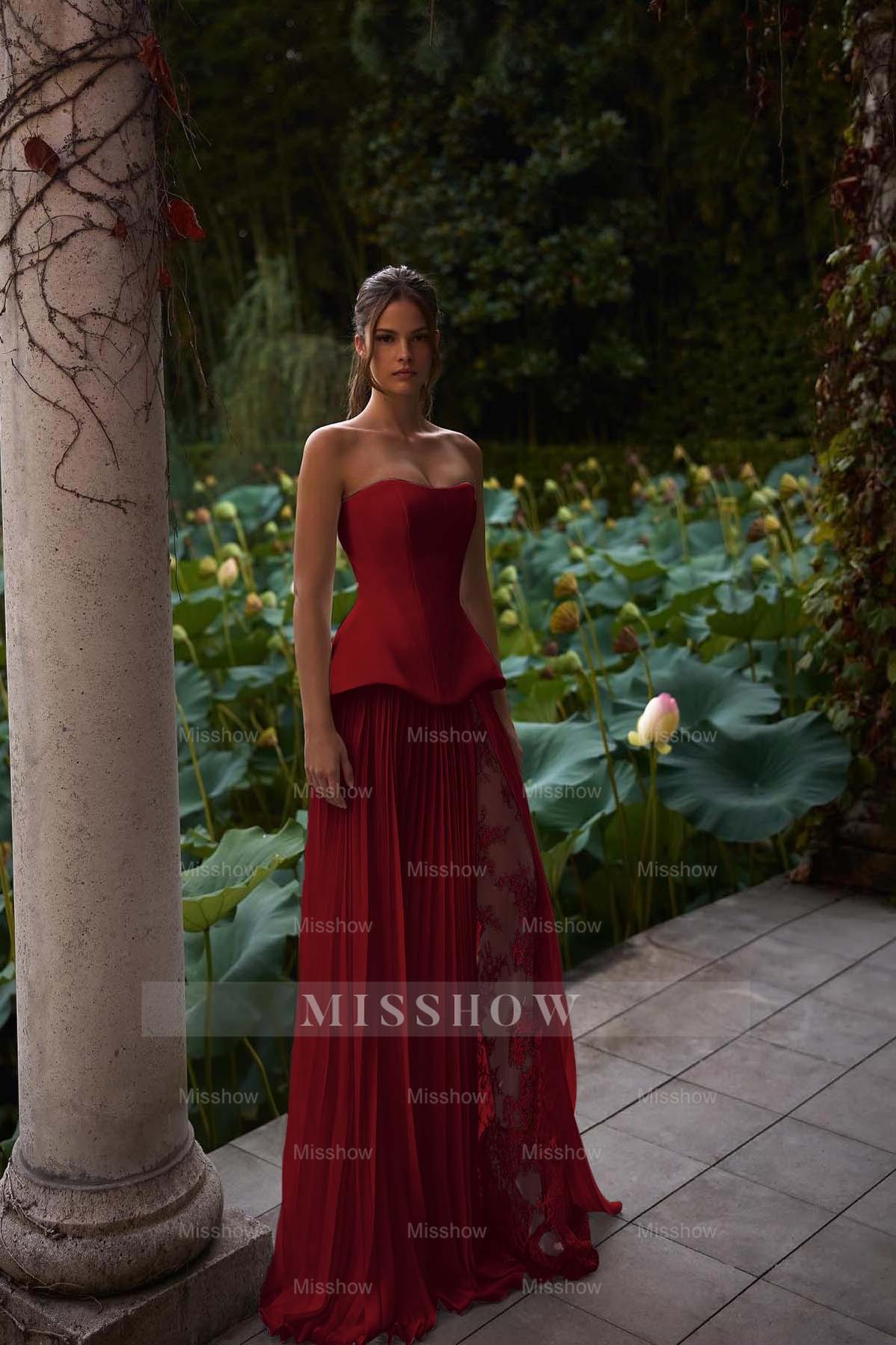 Strapless Sleeveless Long Formal Dress With Pleated Split Appliques