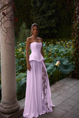 Strapless Sleeveless Long Formal Dress With Pleated Split Appliques