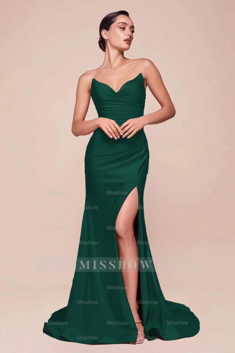 Strapless Sleeveless Long High Split Formal Dress With Pleated