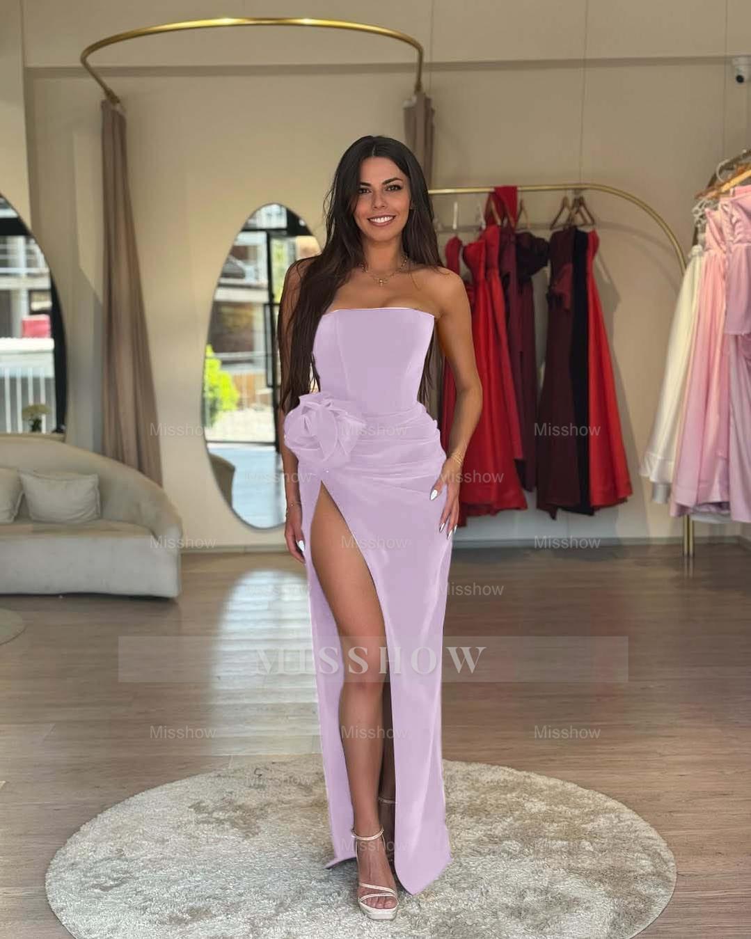 Strapless Sleeveless Long High Split Formal Dress With Pleated