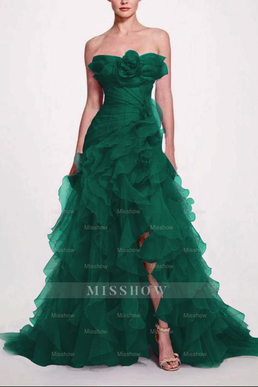 Strapless Sleeveless Long High Split Formal Dress With Pleated