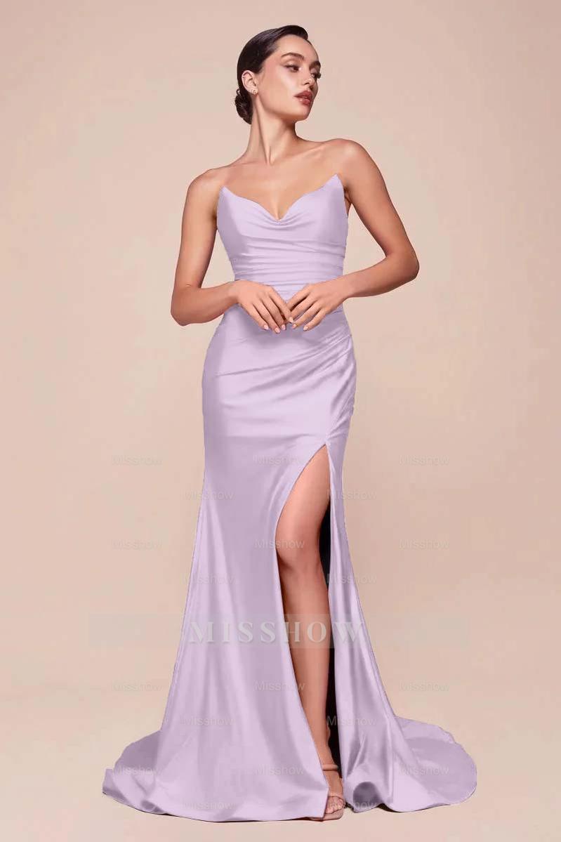 Strapless Sleeveless Long High Split Formal Dress With Pleated