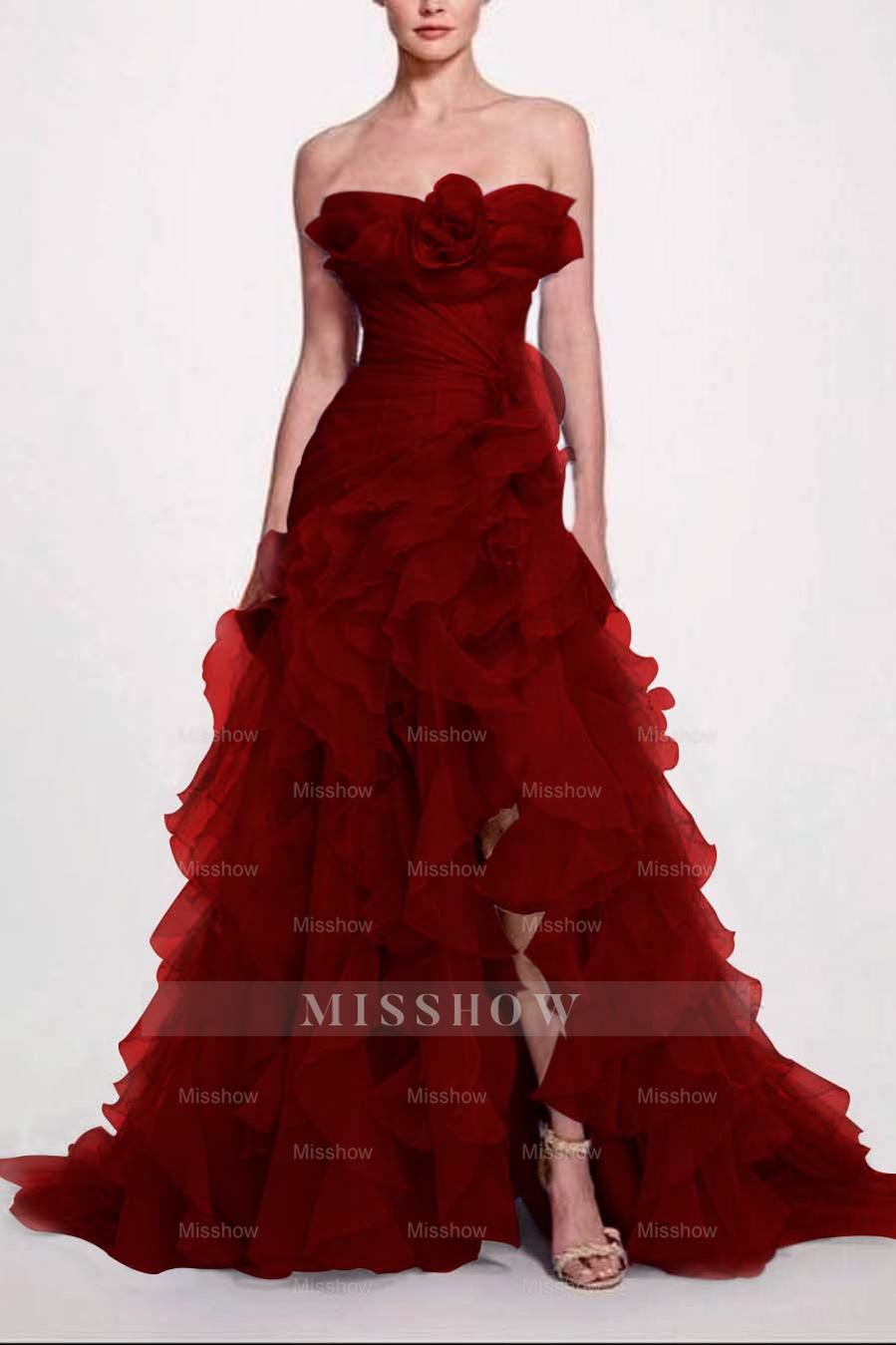 Strapless Sleeveless Long High Split Formal Dress With Pleated