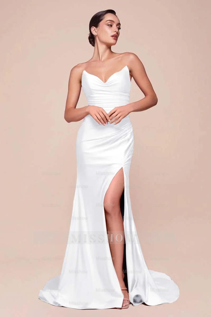 Strapless Sleeveless Long High Split Formal Dress With Pleated