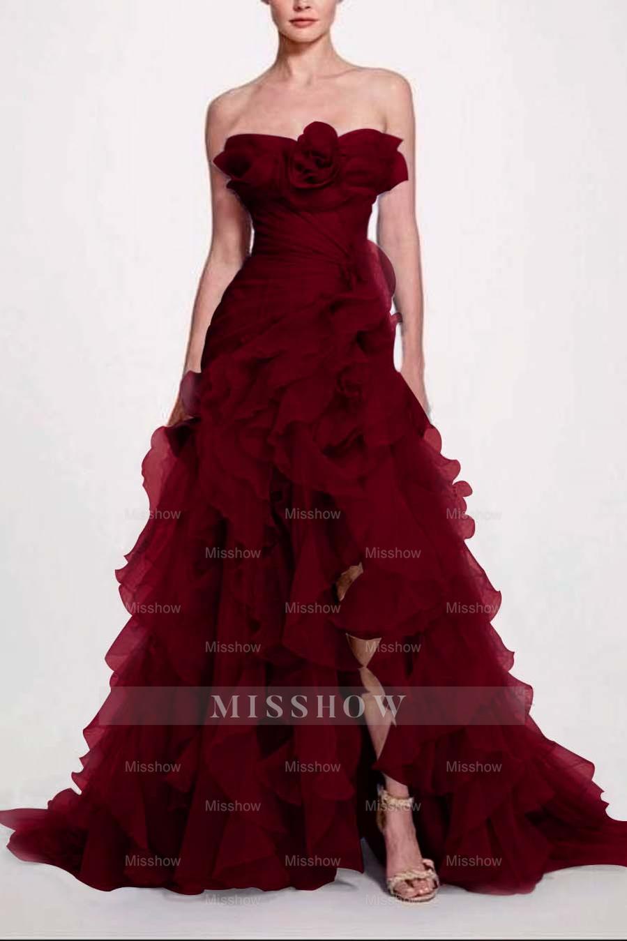 Strapless Sleeveless Long High Split Formal Dress With Pleated