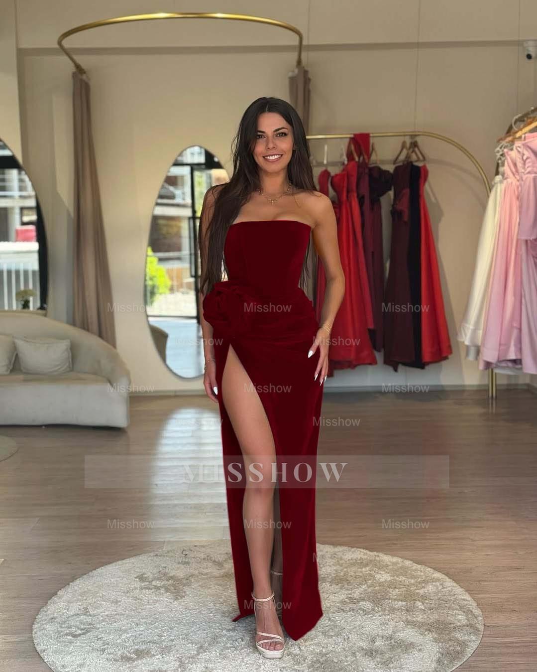 Strapless Sleeveless Long High Split Formal Dress With Pleated