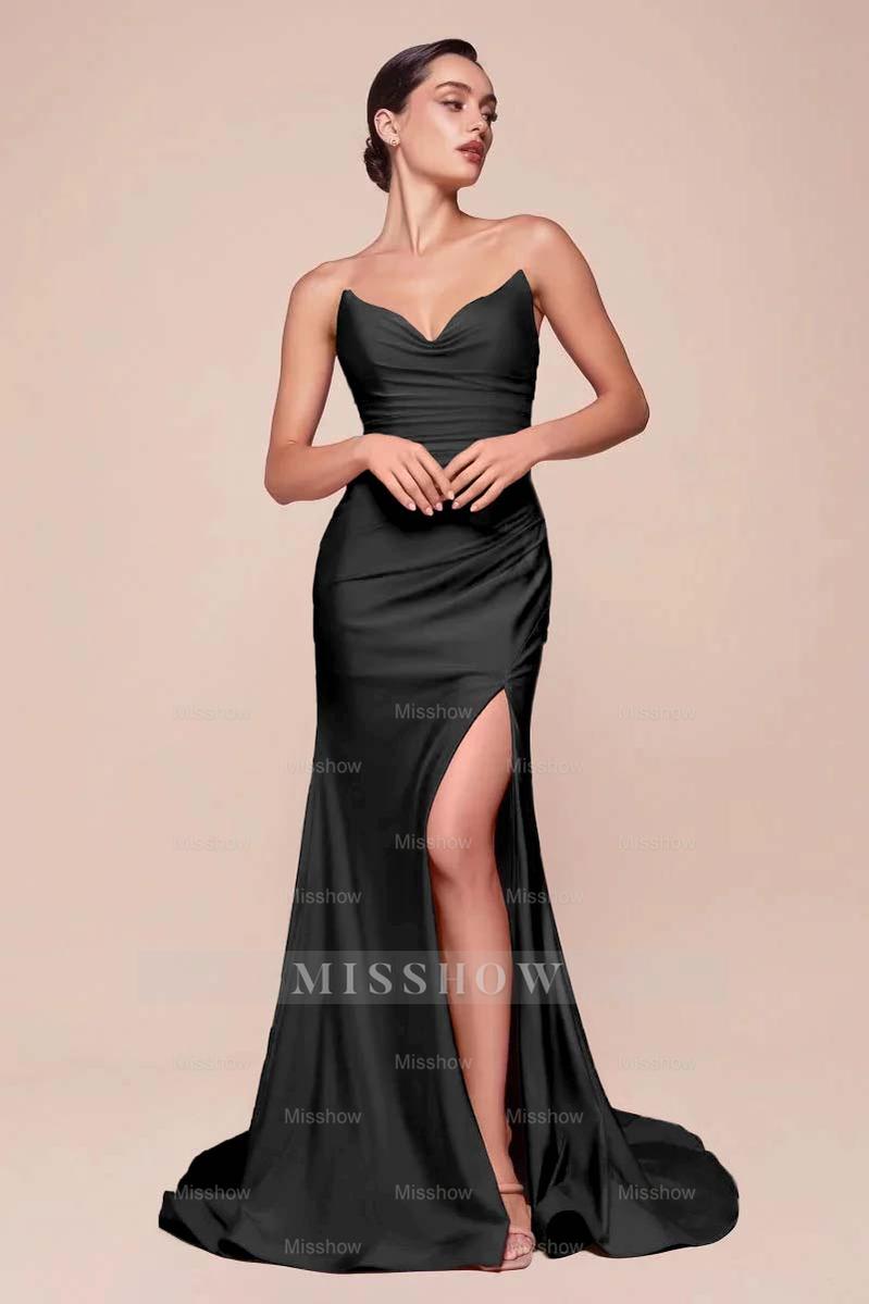 Strapless Sleeveless Long High Split Formal Dress With Pleated