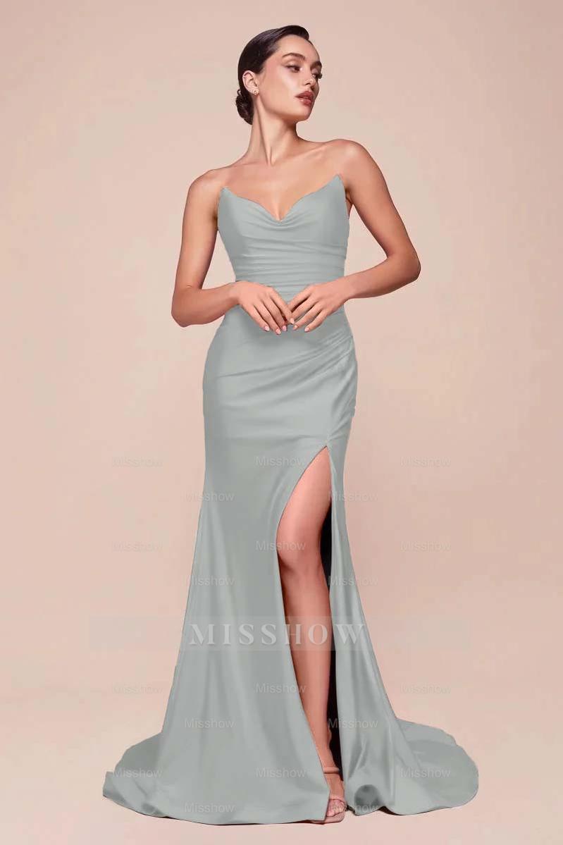 Strapless Sleeveless Long High Split Formal Dress With Pleated