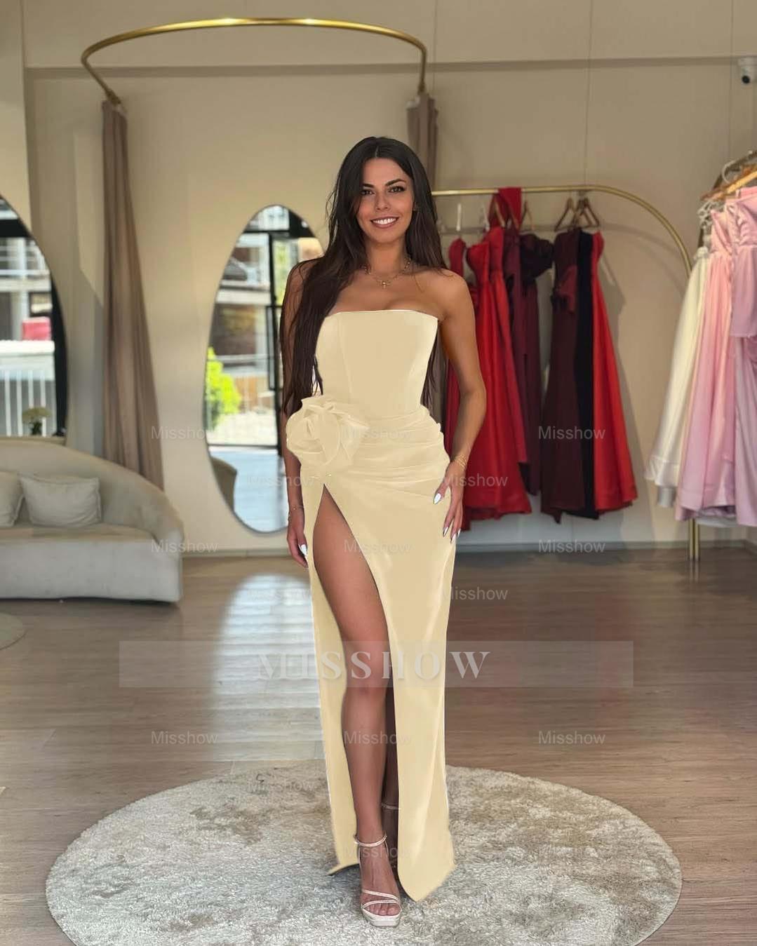 Strapless Sleeveless Long High Split Formal Dress With Pleated