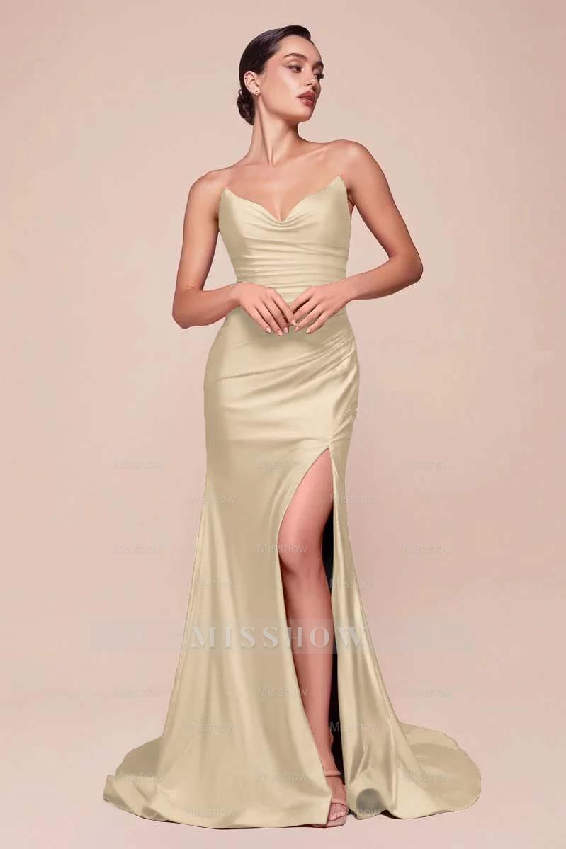 Strapless Sleeveless Long High Split Formal Dress With Pleated