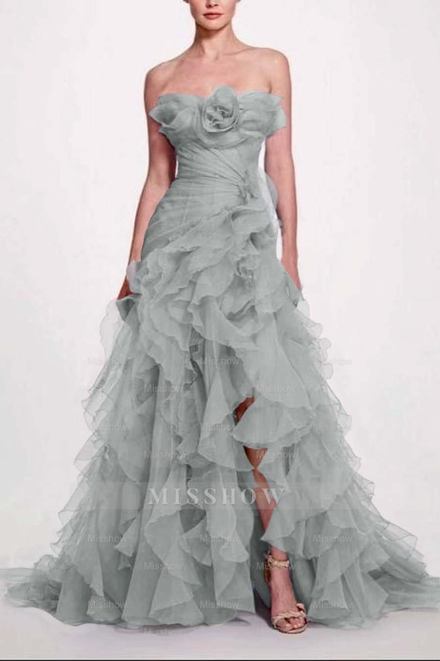 Strapless Sleeveless Long High Split Formal Dress With Pleated