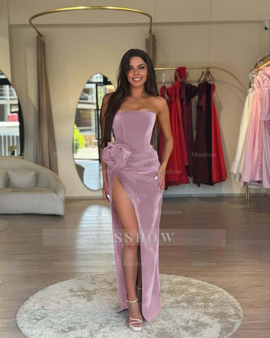 Strapless Sleeveless Long High Split Formal Dress With Pleated