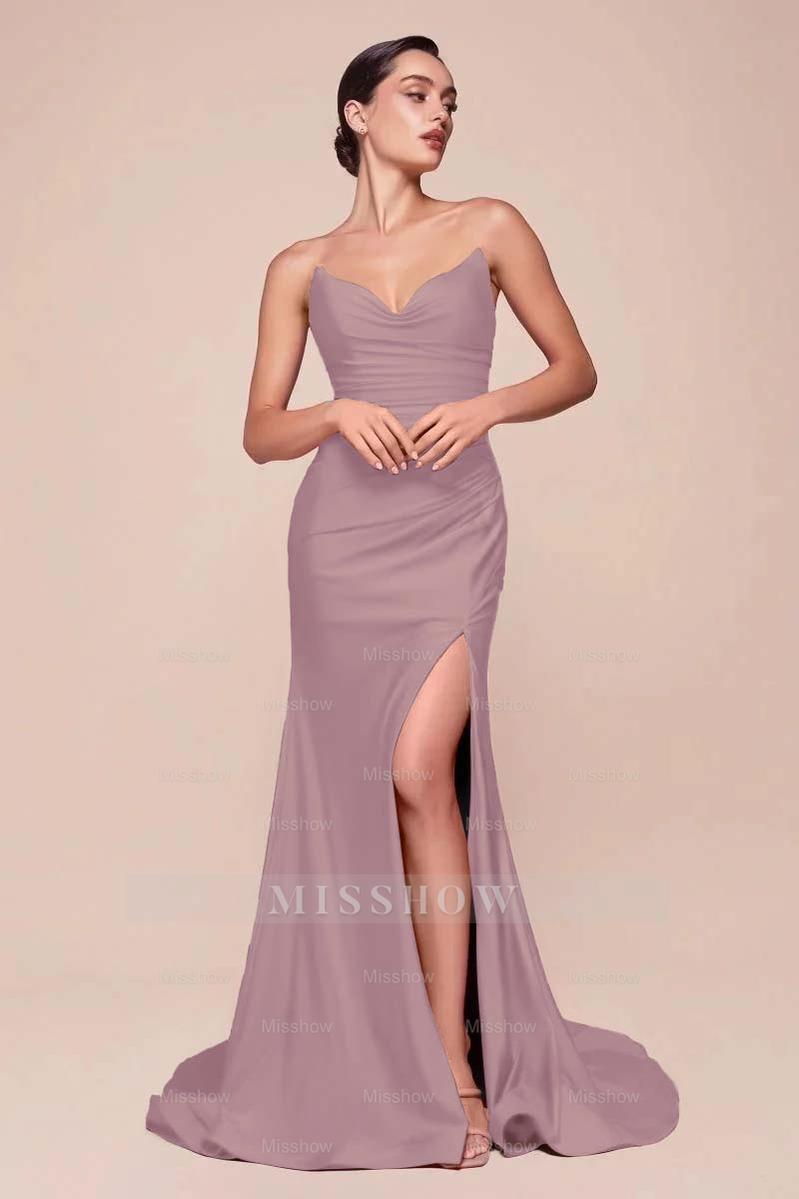 Strapless Sleeveless Long High Split Formal Dress With Pleated