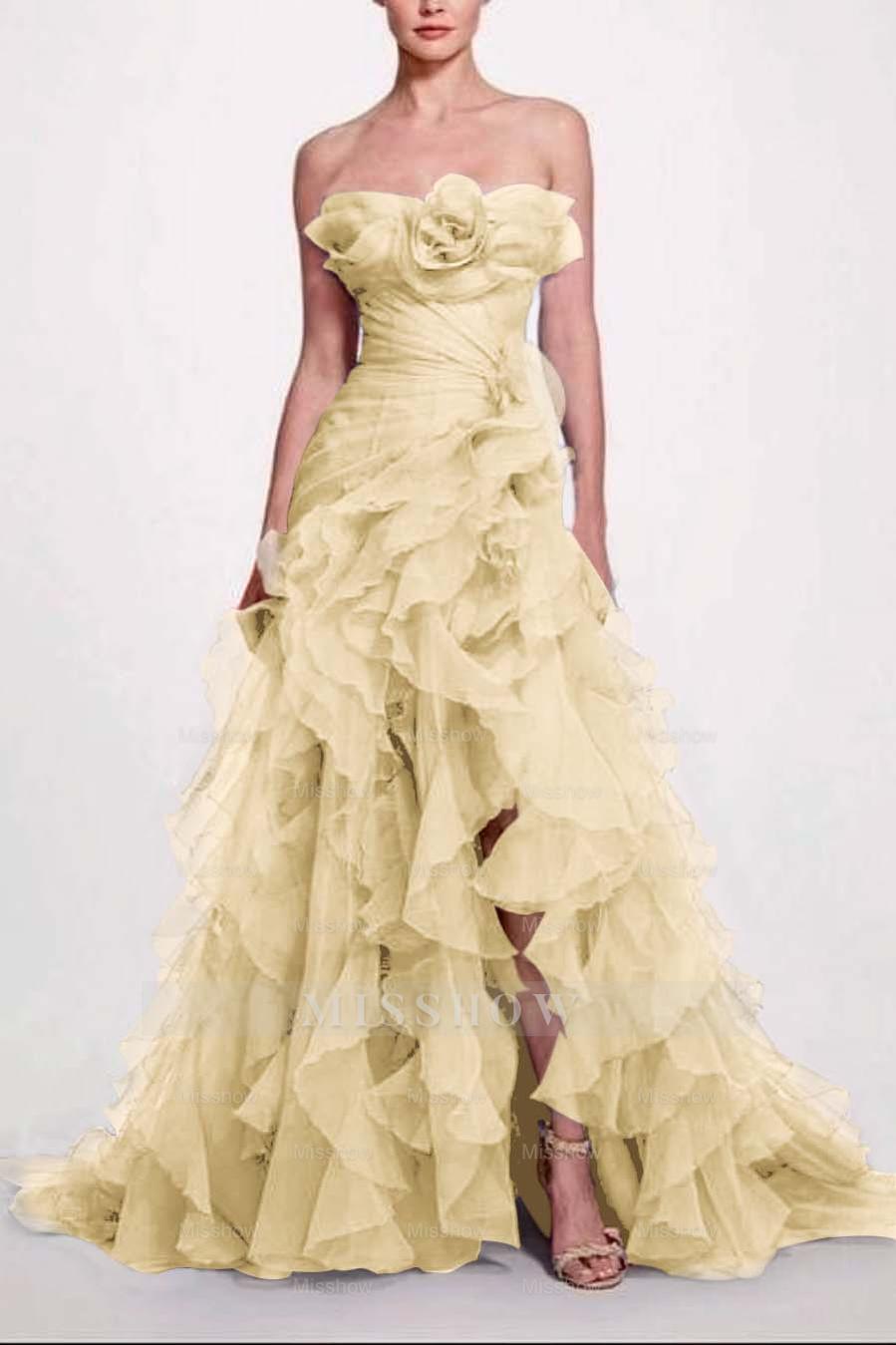 Strapless Sleeveless Long High Split Formal Dress With Pleated