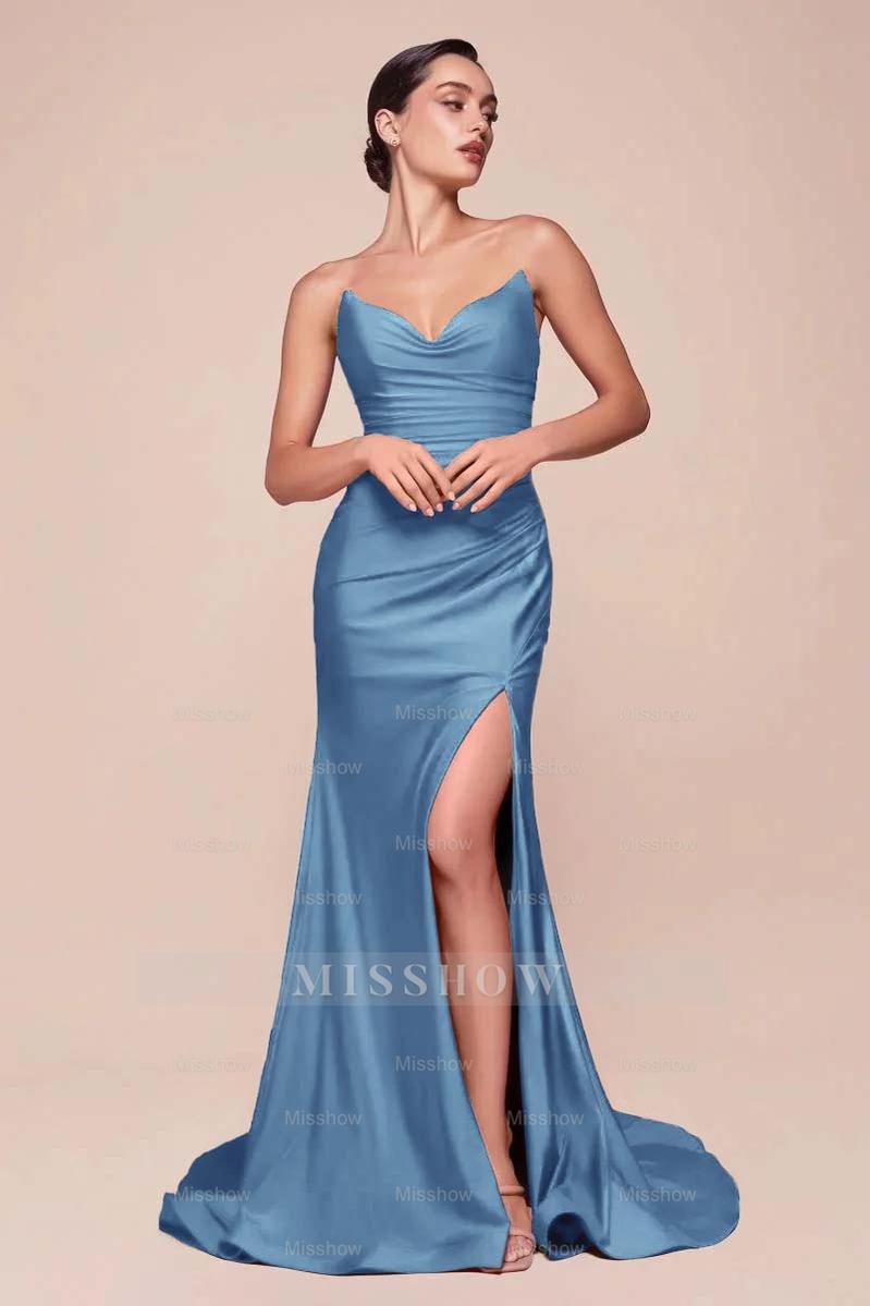Strapless Sleeveless Long High Split Formal Dress With Pleated