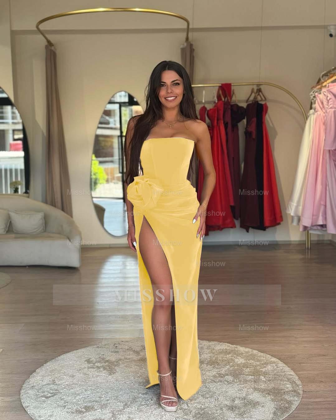 Strapless Sleeveless Long High Split Formal Dress With Pleated