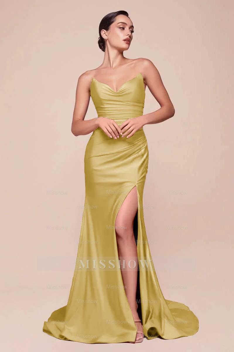 Strapless Sleeveless Long High Split Formal Dress With Pleated