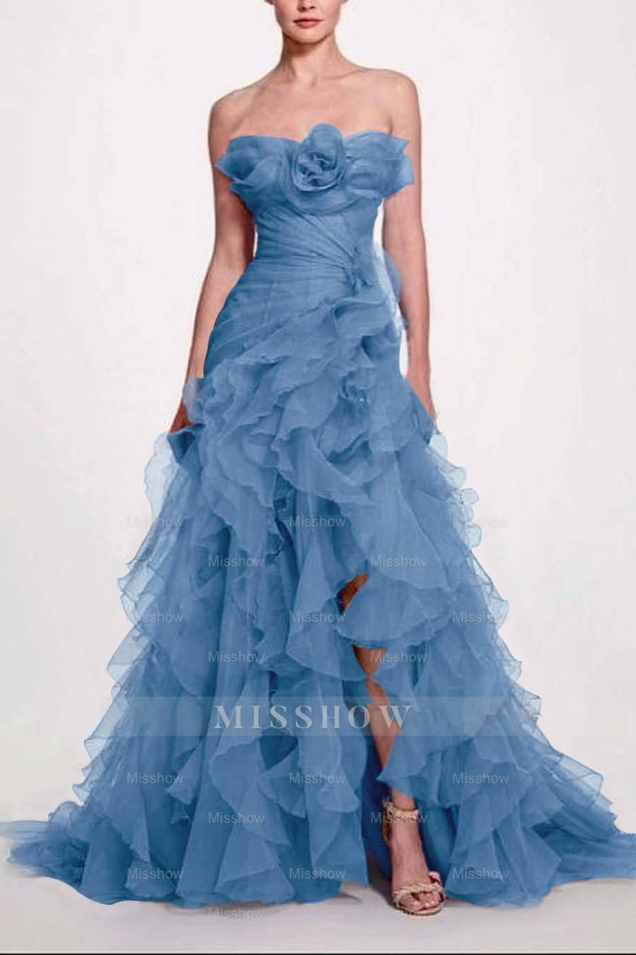 Strapless Sleeveless Long High Split Formal Dress With Pleated