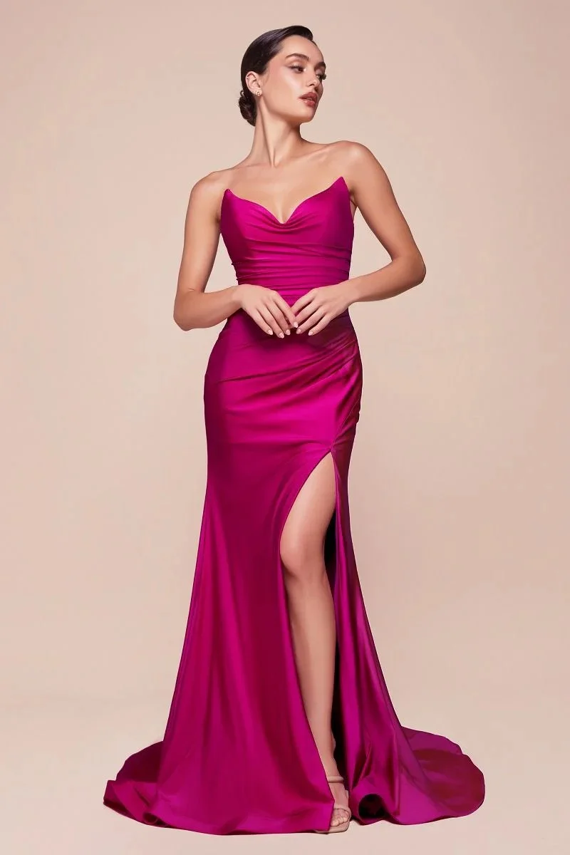 Strapless Sleeveless Long High Split Formal Dress With Pleated