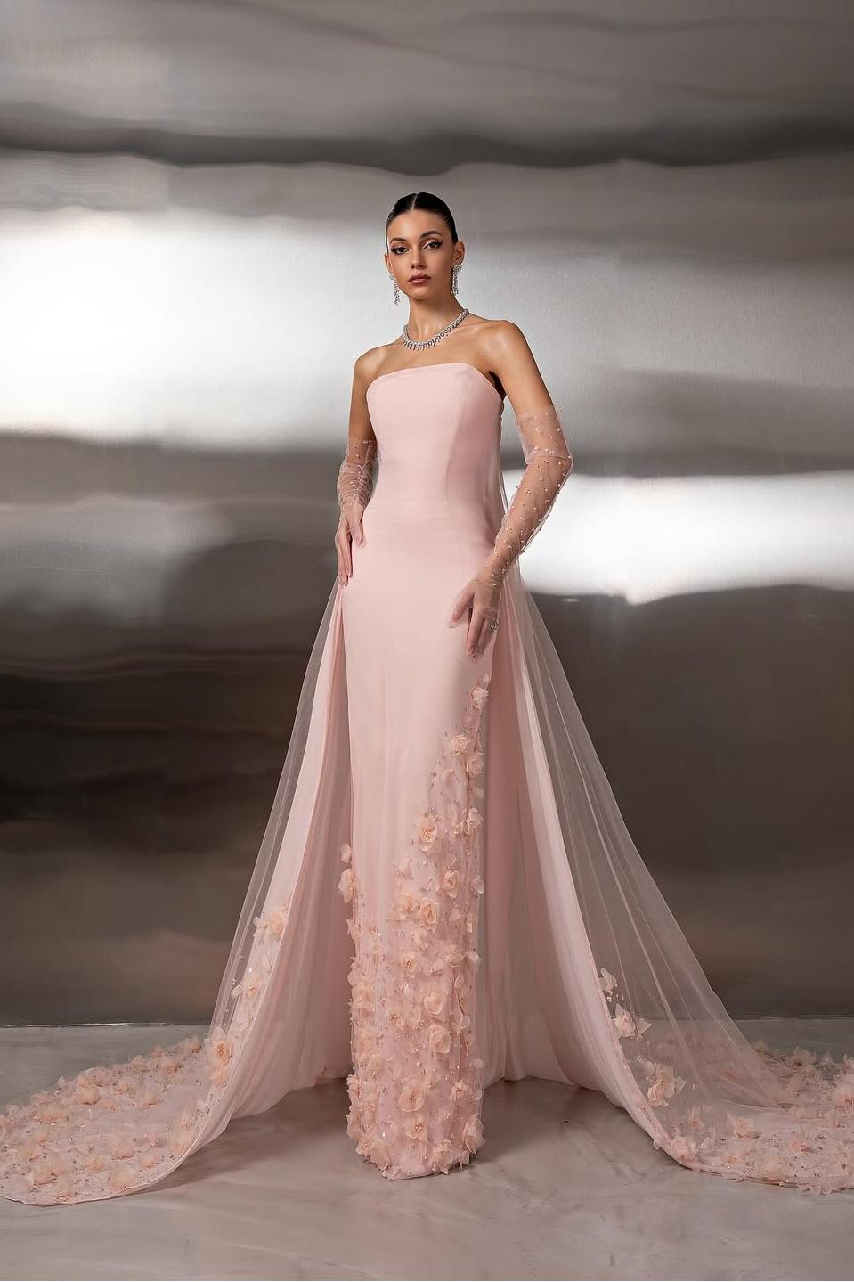 Strapless Sleeveless Long Mermaid Formal Dress With Appliques Gloves