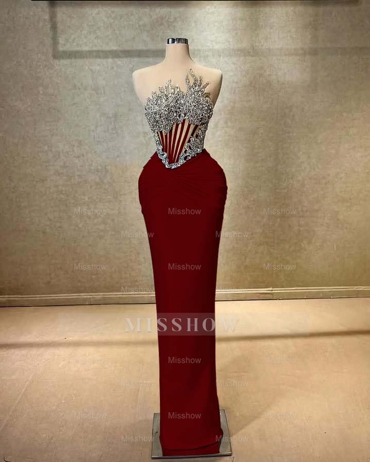 Strapless Sleeveless Long Mermaid Formal Dress With Beading Pleated