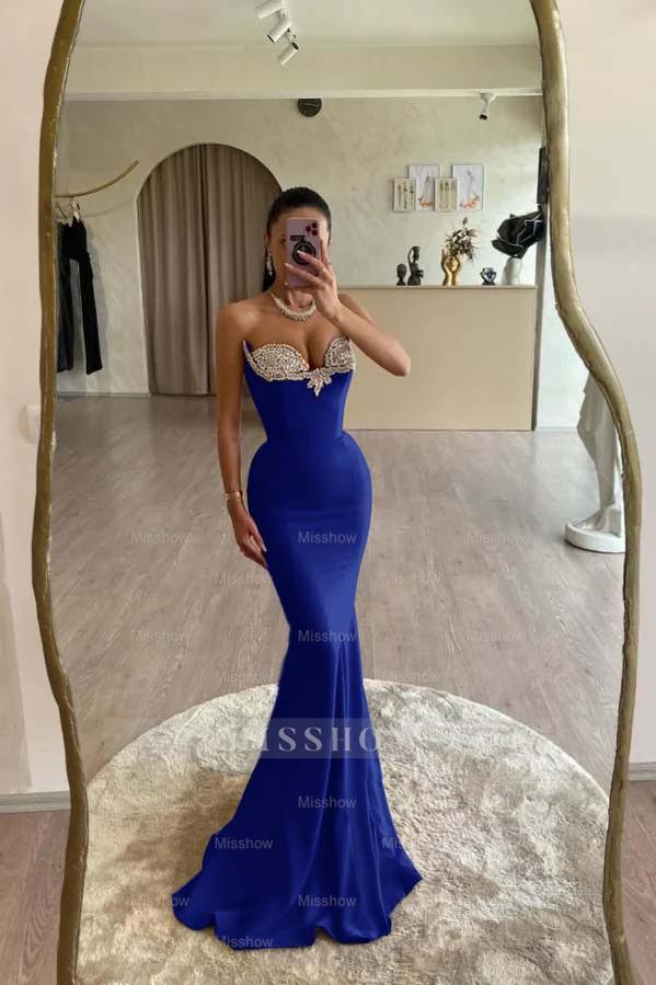 Strapless Sleeveless Long Mermaid Formal Dress With Beading Pleated